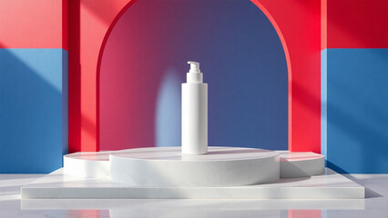 Beauty product podium with red and blue room background
