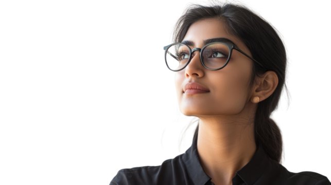 Portrait of a confident young woman with glasses, looking upward with a thoughtful expression, isolated on a white background.