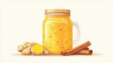 Golden turmeric latte styled with cinnamon and ginger