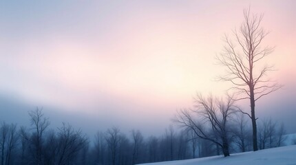 A serene winter morning with a sunrise over a snowy forest and mountains, featuring frosty trees, misty air, and a peaceful landscape