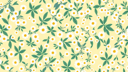 Background with white floral motifs and green leaves
