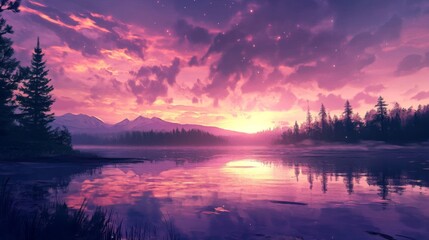 Obraz premium Pink and Purple Sunset over a Calm Lake and Mountain Range