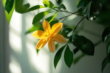 Obraz premium Vibrant Yellow Ecart Soma Flower with Lush Green Leaves, Botanical Illustration plant bloom flora 