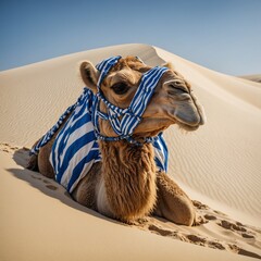 A golden camel with blue stripes on a pristine white sand dune.