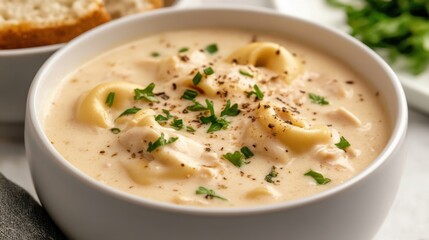 National Homemade Soup Day Creamy chicken tortellini soup with fresh parsley garnish in white bowl