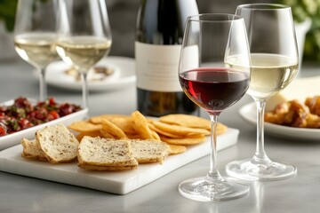 Naklejka premium Elegant wine and cheese spread with red and white wine glasses