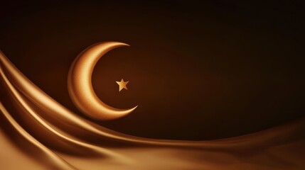 Fototapeta premium Golden crescent moon and star on elegant satin background