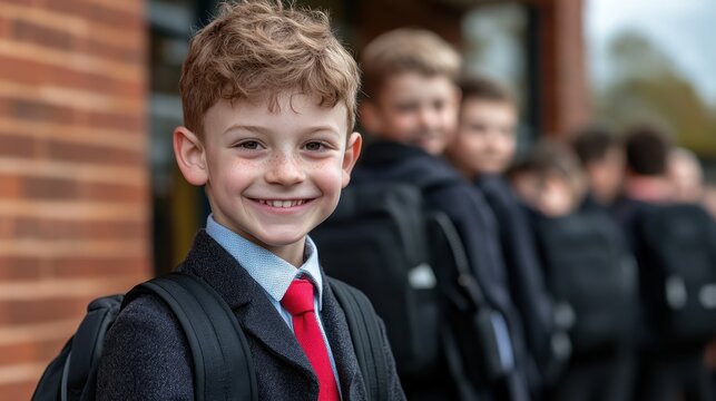 Smiling caucasian child in school uniform with backpack outside brick school building