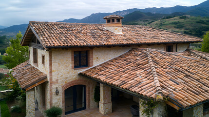 Obraz premium Building, rooftop and tiles with sustainability, architecture and material for durability with aesthetic. Culture, heritage and terracotta with texture, insulation or eco friendly clay roof in Spain