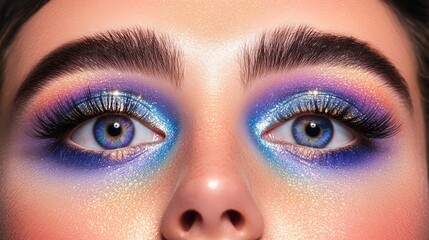 Obraz premium Gorgeous peacock inspired eye makeup featuring deep blues purples and gold tones with dramatic winged liner and curled lashes 