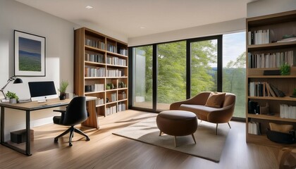 stylish home office or library with custom built in bookshelves comfortable seating and inspiring views for a tranquil workspace