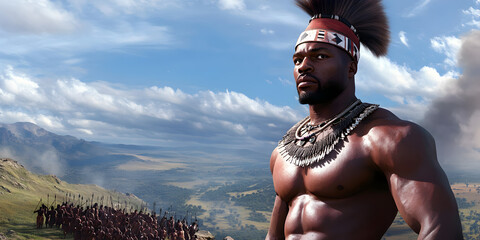 A Zulu chieftain stands atop a hill overlooking his homeland, his warriors assembled behind him as the drums of war echo through the valley.