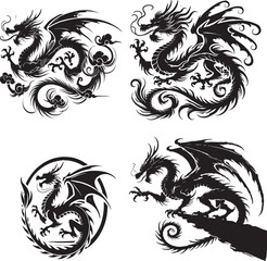 dragon tattoo design, silhouette of dragon, silhouette of dragon set
 