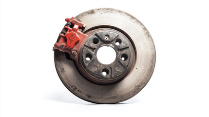 Car brake disc and red caliper isolated on white 