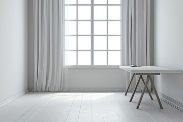 Fototapeta premium Bright and tranquil minimalist interior design with spacious feel and natural light streaming through large window curtains