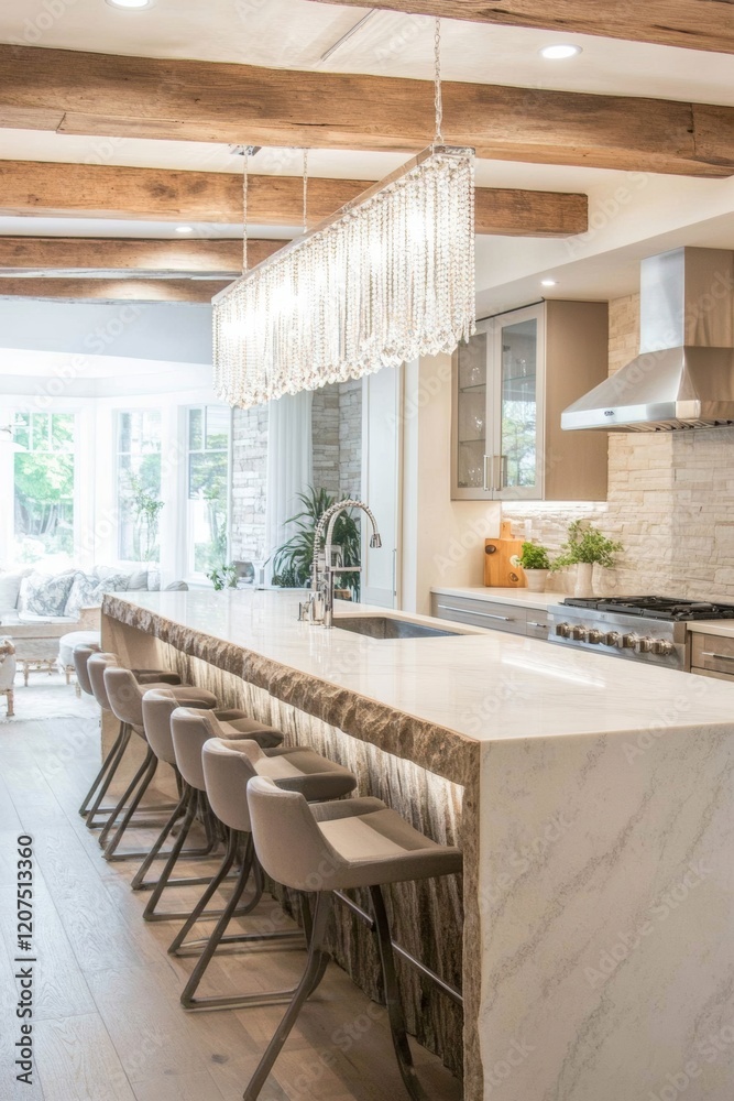 Poster Stylish Kitchen Island with Stone Surface and Brick Highlights