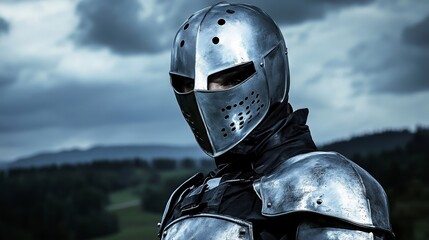 Fototapeta premium Medieval knight in full armor standing on a castle balcony gazing out over rolling green hills rare castlecore chivalric atmosphere 
