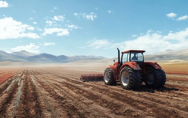 Obraz premium Tractor in the field, plowing and preparing the ground for planting crops, vast farmland, vibrant soil, clear blue sky, realistic agricultural scene, highquality 3D render