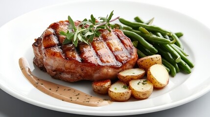 Perfectly cooked duck confit served with crispy potatoes and a side of tender green beans plated on fine porcelain rare classic French food rich flavors 