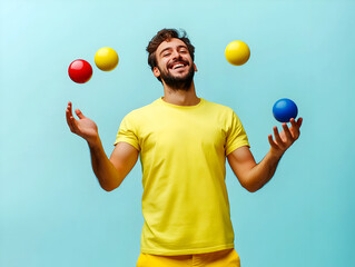 Happy young man juggling colorful balls, wearing a bright yellow outfit, standing against a light blue background, capturing a playful and joyful moment