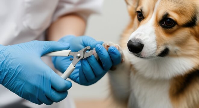 Veterinarian trimming the nails of a corgi dog with care and precision