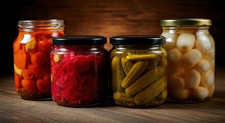 Assorted jars of pickled vegetables on a wooden table