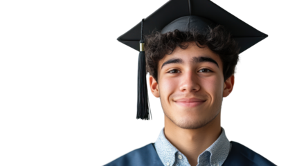 Smiling young man in graduation cap and gown, celebrating academic success with joy and pride against a white background.