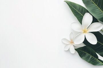 Exotic Frangipani Blossom: Single White Flower with Lush Green Leaves, Tropical Paradise spa leaf   