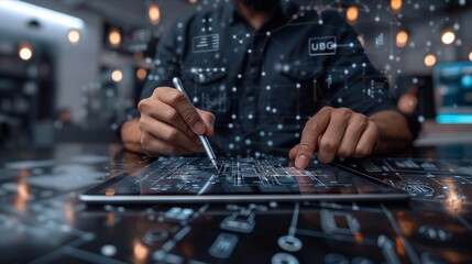 A professional working on a digital tablet with futuristic data visualization.
