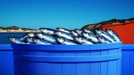 Naklejka premium Sardines being salted and arranged in traditional barrels by fishermen in an old seaside workshop rare sardine preservation tradition 