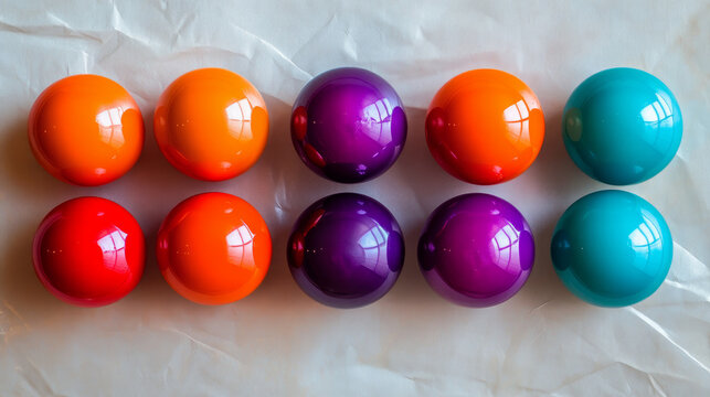 Four Icons of Glossy Toy Ball Colored Duotone Combinations - Orange Purple Red Turquoise Light Grey Elements on White Natural Paper Effect Background - Gradient Comics Style