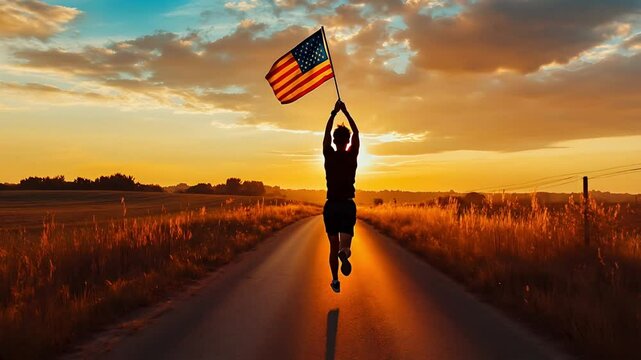 A young man running on the road with holding American flag in a rural area at sunset.