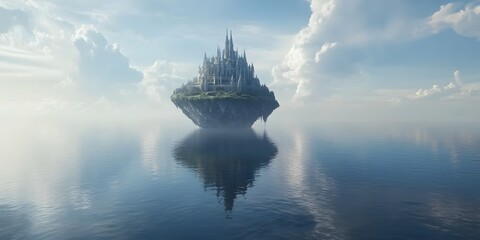 Fototapeta premium Enchanted Giant Fortress Floating in the Sky Above Serene Waters with Reflective Surface