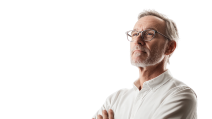 Thoughtful older man with glasses, looking confidently into the distance against a white isolate background, embodying wisdom and reflection.