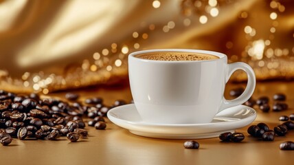 Espresso Coffee Cup Beans Golden Background