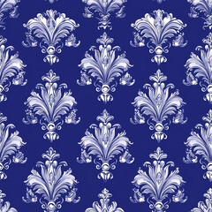 Baroque Seamless Patterns Classic blue and white damask pattern featuring intricate floral designs on a rich navy background.