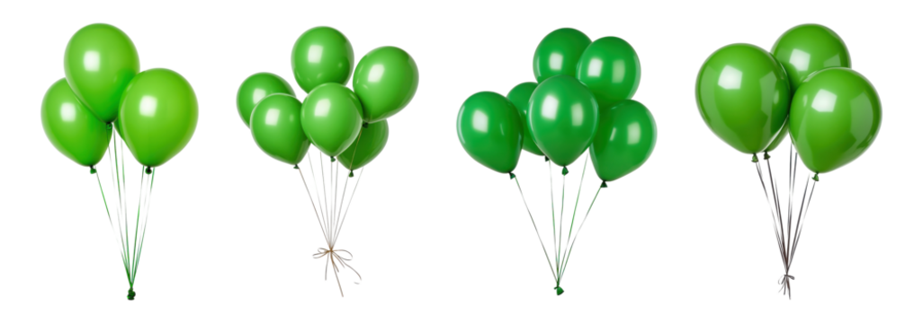Set of glossy green balloons in various arrangements, isolated on transparent background
