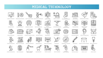 Medical Technology icon set with ai in healthcare, telemedicine, wearable monitor, electronic record and robotic surgery