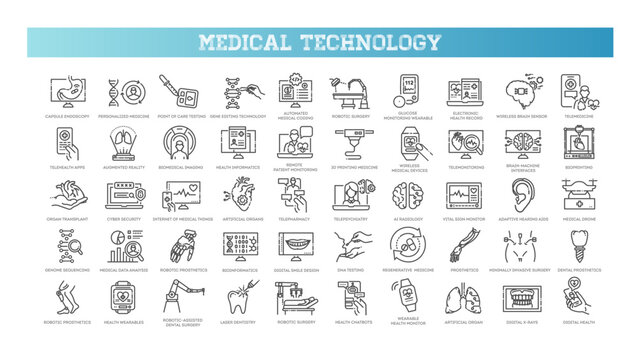 Medical Technology icon set with ai in healthcare, telemedicine, wearable monitor, electronic record and robotic surgery