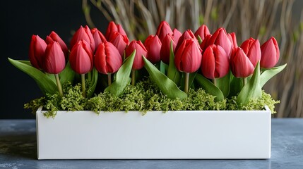 Charming red tulips nestled in a white box on a bed of green. Perfect for special occasions like birthdays, Valentine's Day, Women's Day, or Mother's Day.