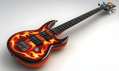 Flaming bass guitar, studio shot, white background, music design (1)