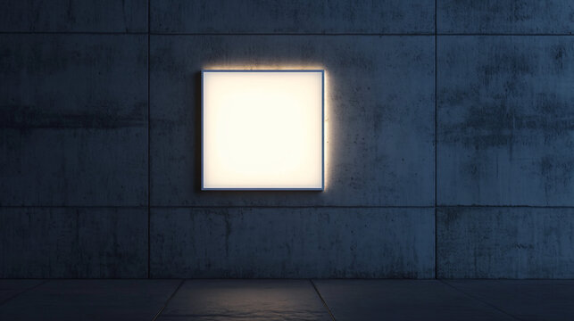 Illuminated Square Sign on Concrete Wall: A bright, square lightbox emits a soft glow against a dark, textured concrete wall.