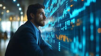 Businessman analyzing financial data on a large screen.