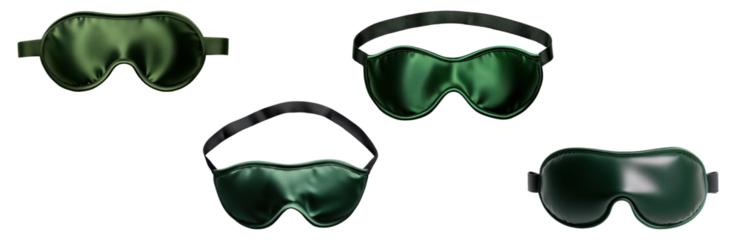 Set of green satin sleep masks with straps, isolated on transparent background
