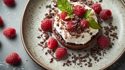 Vegan chocolate tart with raspberries cacao nibs and coconut cream