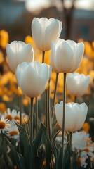 Obraz premium White tulips blooming garden sunset spring