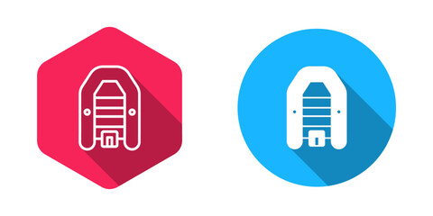 Filled and outline Inflatable boat with outboard motor icon isolated with long shadow background. Vector