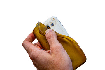 removed phone case showing dirt and unsanitary conditions under bag, hand holding smartphone on...