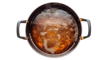 Top view of a pot filled with boiling water, bubbles rising to the surface, creating a dynamic culinary scene.
