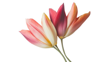 Two beautiful tulip flowers, showcasing delicate pink and cream petals, isolated on a white background for a stunning visual appeal.